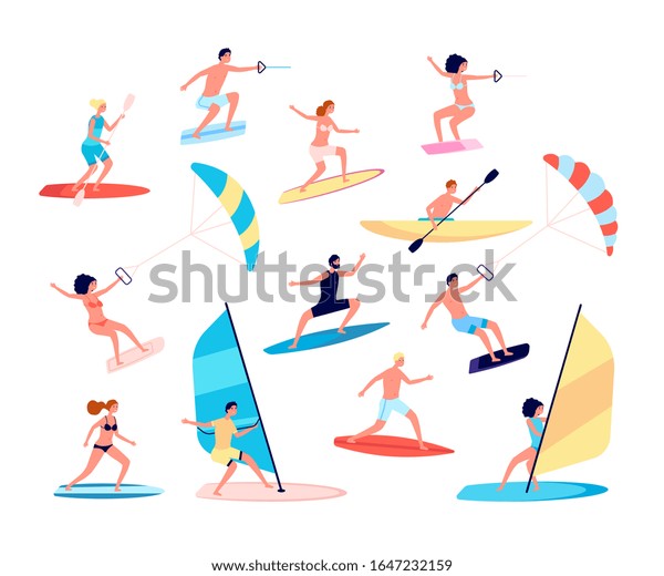 Water sports. Canoes, extreme sea lifestyle. Surfing\
and windsurfing, people recreational ocean outdoor activity. Summer\
leisure vector set