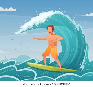 Water sports cartoon background with happy man surfing vector illustration