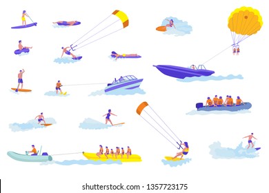 Water sports cartoon vector illustrations set. Active holiday. Adventurous holidaymakers flat characters on vacation. Sea resort outdoor activities ideas cliparts collection. Dangerous and risky