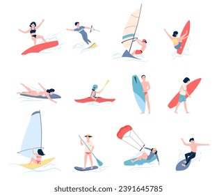 Water sports characters. Sea or ocean extreme sport, surfing, wakeboarding, windsurfing and kayaking. People recreation on beach, recent vector set