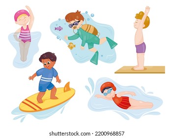 Water sports with children. Set of cute boys and girls swimming, diving, surfing and jumping. Workout or active lifestyle for preschoolers. Cartoon flat vector collection isolated on white background