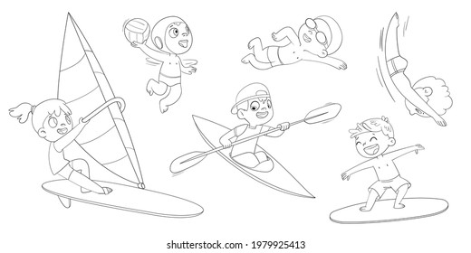 Water sports with children. ( Surfing. Swimming. Water polo. Canoeing and kayaking. Sailing. Diving ) Cartoon characters. Funny vector illustration. Coloring book. Isolated on white background