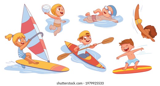 Water sports with children. ( Surfing. Swimming. Water polo. Canoeing and kayaking. Sailing. Diving ) Colorful cartoon characters. Funny vector illustration. Isolated on white background