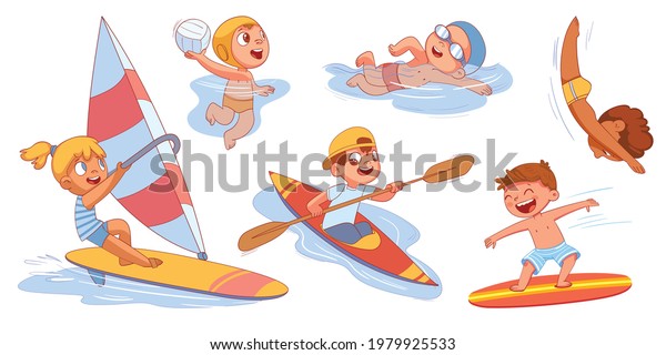 Water\
sports with children. ( Surfing. Swimming. Water polo. Canoeing and\
kayaking. Sailing. Diving ) Colorful cartoon characters. Funny\
vector illustration. Isolated on white\
background