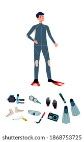 Water sports and diving set with cartoon character of diver man in aqua suit and various underwater equipment, flat vector illustration isolated on white background.