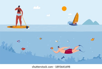 Water sports diving, surfing yachting and ski vector illustration. Swimming, sailing on summer vacation. Divers in sea water. Extreme sport adventure, recreation, people dive in ocean.