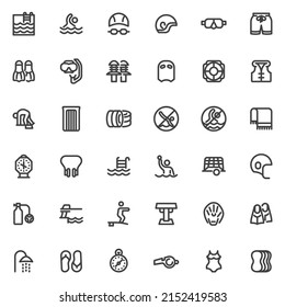 Water sports equipment line icons set. linear style symbols collection, outline signs pack. Swimming pool sport vector graphics. Set includes icons as diving mask, swimmer, water polo cap, swimsuit