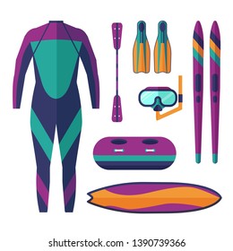 Water sports equipment. Sea activity elements. Scuba diving, paddleboarding, snorkeling, surfing, tubing and water skiing icons.