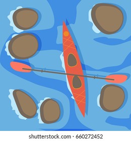 Water sports equipment. Stock vector illustration of a top view scene with an empty boat and a paddle on a river. Flat style