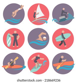 Water sports flat icons set with jumping sailing jetskiing isolated vector illustration