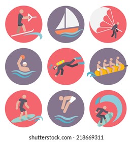 Water Sports Flat Icons Set With Skiing Sailboat Wakeboarding Isolated Vector Illustration