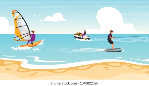 Water sports flat vector illustration. Windsurfing, water skiing experience. Sportsman on water scooter active outdoor lifestyle. Tropical coastline, turquoise waterscape. Athletes cartoon characters