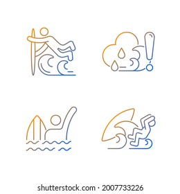 Water sports gradient linear vector icons set. Surfing technique. Checking weather. Emergency signal. Thin line contour symbols bundle. Isolated vector outline illustrations collection