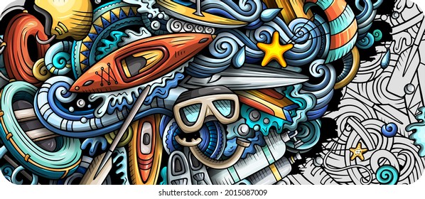 Water sports hand drawn doodle banner. Cartoon vector detailed flyer. Illustration with summer sport objects and symbols. Colorful horizontal background