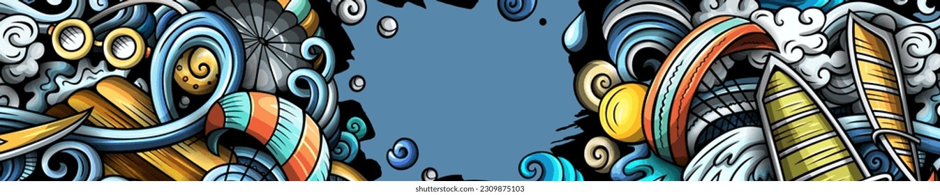 Water sports hand drawn doodle banner. Cartoon vector detailed flyer. Illustration with summer sport objects and symbols. Colorful horizontal background