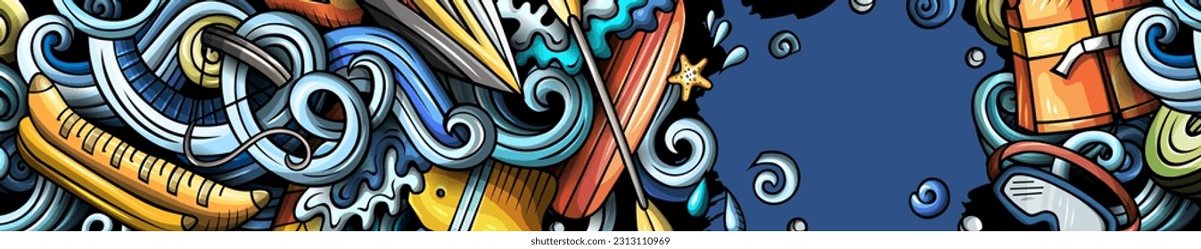 Water sports hand drawn doodle banner. Cartoon vector detailed flyer. Illustration with summer sport objects and symbols. Colorful horizontal background