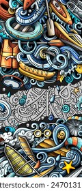 Water sports hand drawn doodle banner. Cartoon vector detailed flyer. Illustration with summer sport objects and symbols. Colorful vertical background