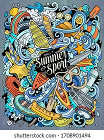 Water Sports hand drawn vector doodles illustration. Summer activities poster design. Warm season outdoor elements and objects cartoon background. Bright colors funny picture