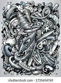 Water Sports hand drawn vector doodles illustration. Summer activities poster design. Warm season outdoor elements and objects cartoon background. Monochrome funny picture