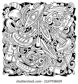 Water Sports hand drawn vector doodles illustration. Summer activities poster design. Warm season outdoor elements and objects cartoon background.