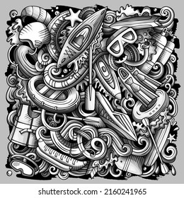 Water Sports hand drawn vector doodles illustration. Summer activities poster design. Warm season outdoor elements and objects cartoon background. Monochrome funny picture