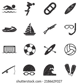 Water Sports Icons. Black Scribble Design. Vector Illustration.