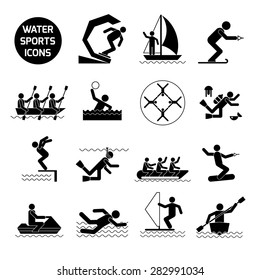 Water Sports Icons Black Set With Extreme Activities And Games Symbols Isolated Vector Illustration