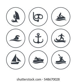 water sports icons in circles over white, surfing, sailing, diving, swimming