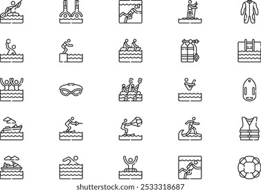 La colección de iconos de deportes acuáticos es una Ilustración vectorial con trazo editable.