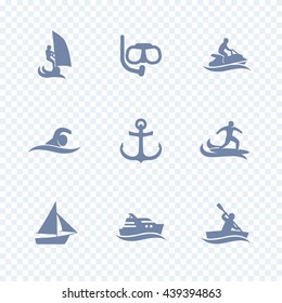 water sports icons, diving, swimming, surfing, sailing, isolated icons, vector illustration