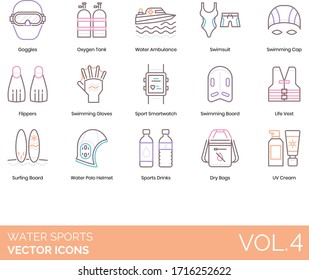 Water sports icons including goggles, oxygen tank, ambulance, swimsuit, swimming cap, flippers, gloves, smartwatch, life vest, surfing board, polo helmet, drink, dry bag, UV cream.