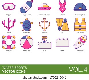 Water sports icons including goggles, oxygen tank, ambulance, swimsuit, swimming cap, coral, sea turtle, anchor, fin, life jacket, lifebuoy, beach ball, SOS, wave, surfboard.