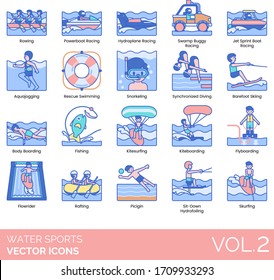 Water Sports Icons Including Hydroplane, Swamp Buggy, Jet Sprint Boat, Aqua Jogging, Rescue Swimming, Snorkeling, Bodyboarding, Fishing, Kite Surfing, Kite Boarding, Fly Boarding, Hydro Foiling.