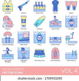 Water sports icons including life jacket, banana boat, wet suit, flippers, lifeguard, wake skating, sea walker, tandem parasailing, shoes, watch, butterfly stroke, yoga, underwater soccer, trunks, pool.