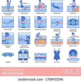 Water sports icons including water skiing, aquathlon, fin swimming, underwater football, orienteering, photography, beach volleyball, baseball, goggles, oxygen tank, ambulance, swimsuit, swimming cap.