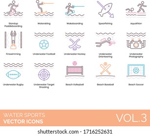 Water sports icons including standup paddleboarding, waterskiing, wakeboarding, spearfishing, aquathlon, finswimming, underwater football, hockey, orienteering, photography, rugby, target shooting.