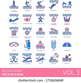 Water sports icons including standup paddleboarding, waterskiing, wakeboarding, spearfishing, aquathlon, finswimming, underwater, target shooting, beach volleyball, goggles, oxygen tank, ambulance.