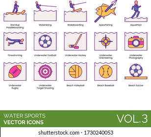 Water sports icons including standup paddleboarding, waterskiing, wakeboarding, spearfishing, aquathlon, finswimming, underwater football, hockey, orienteering, photography, rugby, target shooting.