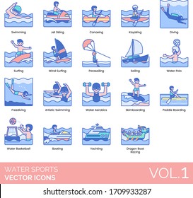 Water sports icons including swimming, canoeing, kayaking, diving, surfing, windsurfing, parasailing, free diving, artistic, aerobics, skim boarding, basketball, boating, yachting, dragon racing.