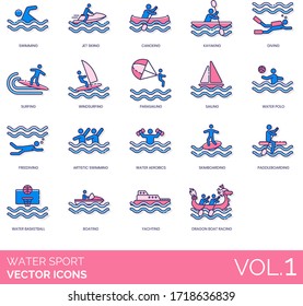 Water sports icons including swimming, jet skiing, canoeing, kayaking, diving, surfing, windsurfing, parasailing, sailing, polo, freediving, skimboarding, paddle boarding, yachting, dragon racing.