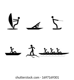 Water sports icons. Logos extreme sports and recreation in water. Monochrome template for poster, logo, ets. Design element. Vector illustration