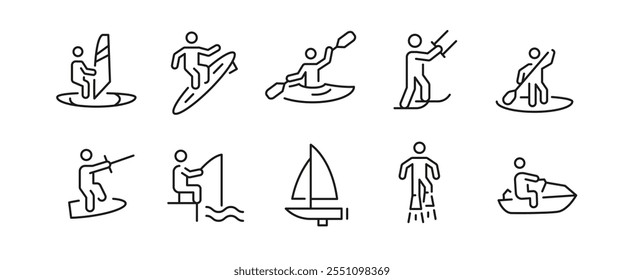 Water sports icons. Set of 10 water sports trendy minimal icons. Examples: Jet Ski, Scuba Diving, Wakeboarding, Surfing. Design signs for web page, mobile app, packaging design. Vector illustration.