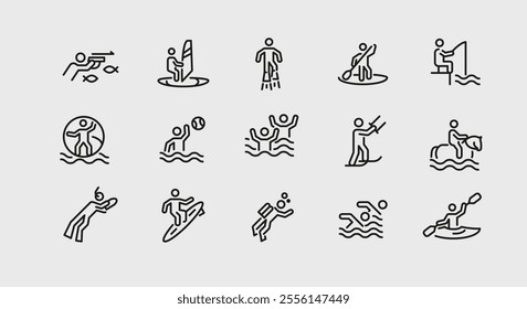 Water sports icons. Set of 15 water sports trendy minimal icons. Examples: Jet Ski, Scuba Diving, Wakeboarding, Surfing. Design signs for web page, mobile app, packaging design. Vector illustration.