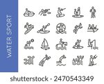 Water sports icons. Set of 20 water sports trendy minimal icons. Examples: Jet Ski, Scuba Diving, Wakeboarding, Surfing. Design signs for web page, mobile app, packaging design. Vector illustration.