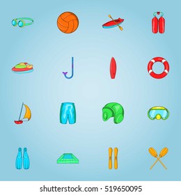 Water sports icons set. Cartoon illustration of 16 water sports vector icons for web