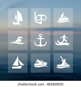 water sports icons set, diving, swimming, surfing, sailing, rowing
