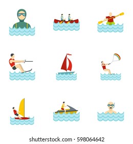 Water sports icons set. Flat illustration of 9 water sports vector icons for web