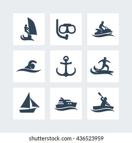 water sports icons set, pictograms isolated on white, vector illustration