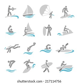 Water Sports Icons Set With Rowing Rafting Swimming People Isolated Vector Illustration