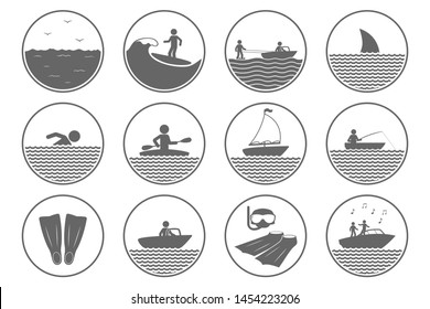 Water sports icons. Swimming, diving, kayaking, surfing symbols. Vector.